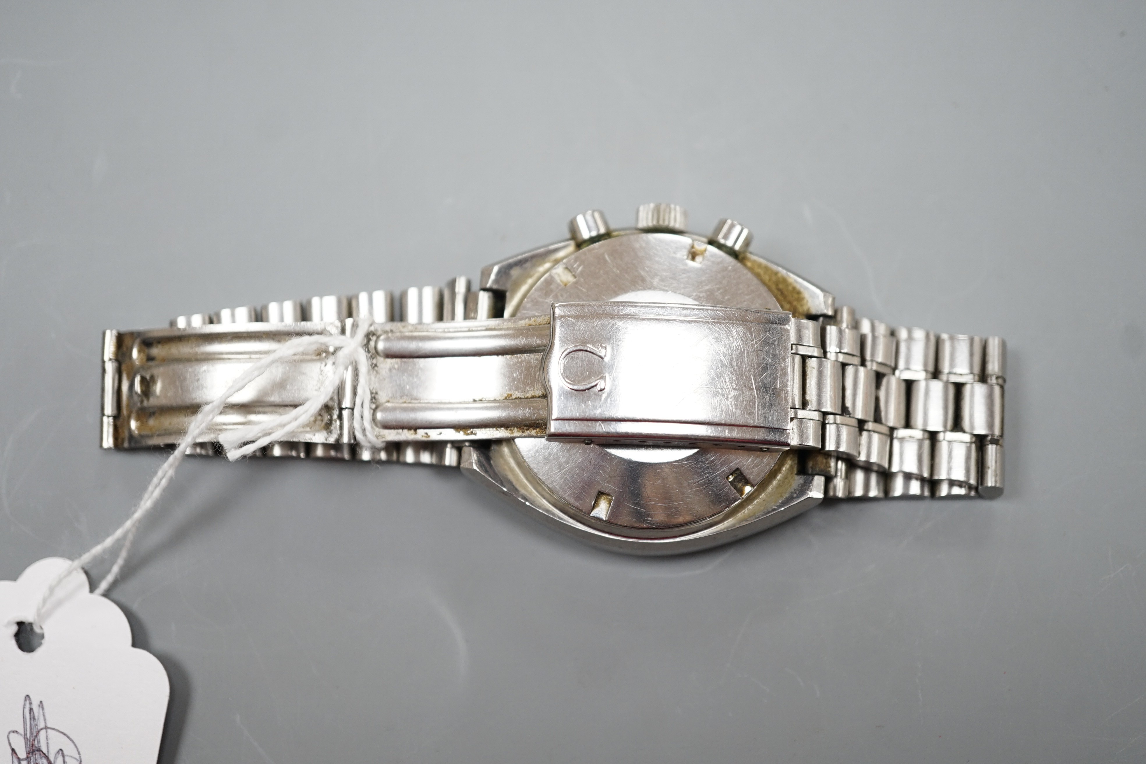 A gentleman's early 1970's stainless steel Omega Speedmaster Professional Mark II chronograph wrist watch, on Omega stainless steel bracelet, case diameter 42mm, no box or papers.